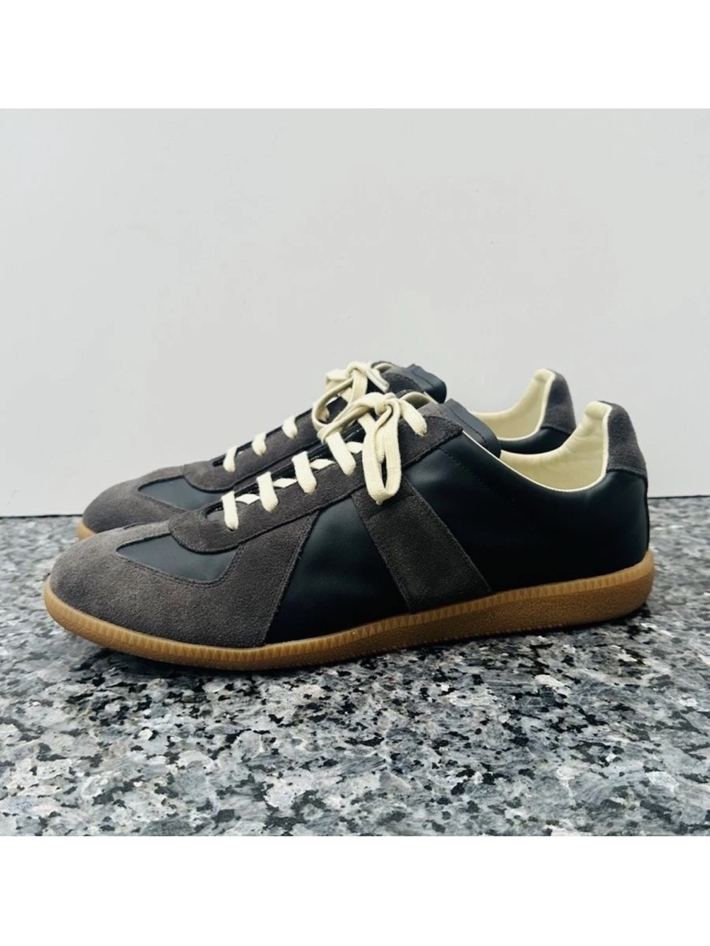 Maison Margiela Replica Gray Black Leather Lace-Up Sneakers Gum Sole Men’s SZ 45